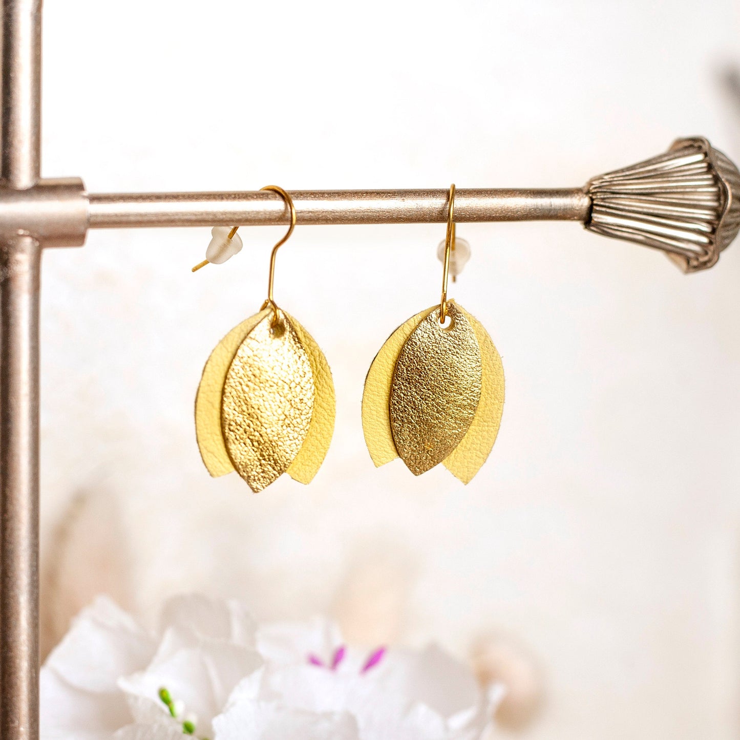 Gold and yellow leather tulip earrings