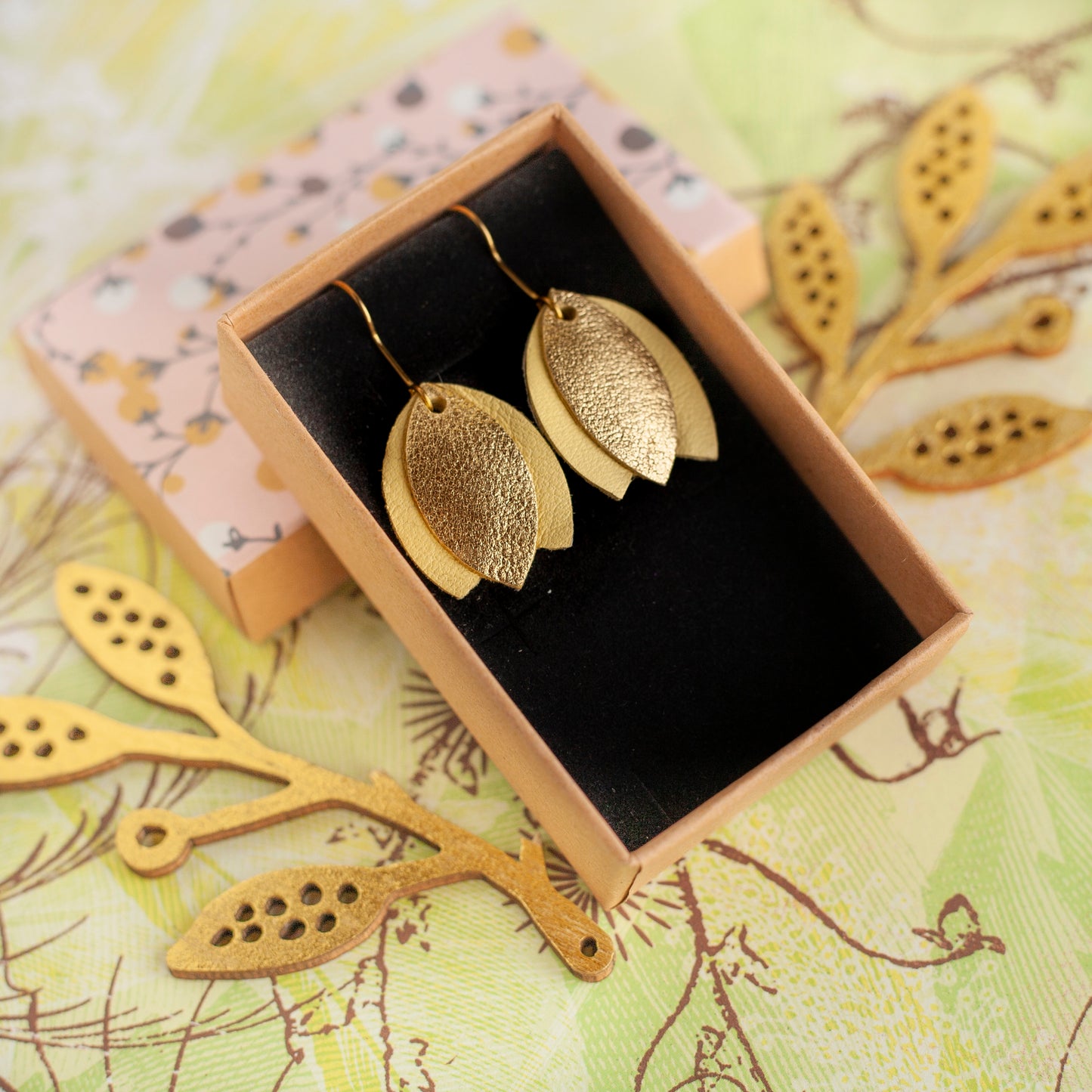 Gold and olive green leather tulip earrings