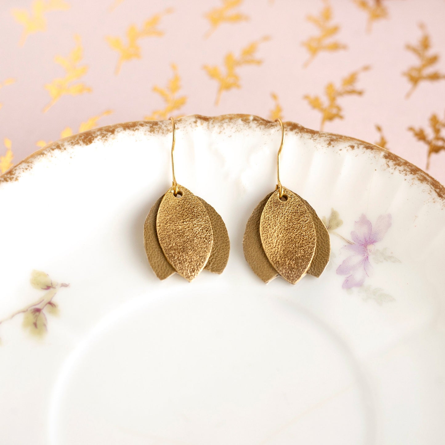 Gold and olive green leather tulip earrings