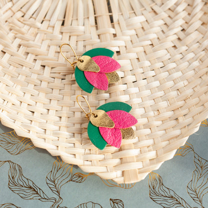 Boucles d'oreilles fleurs Fuchsia doré vert