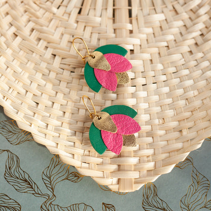 Boucles d'oreilles fleurs Fuchsia doré vert