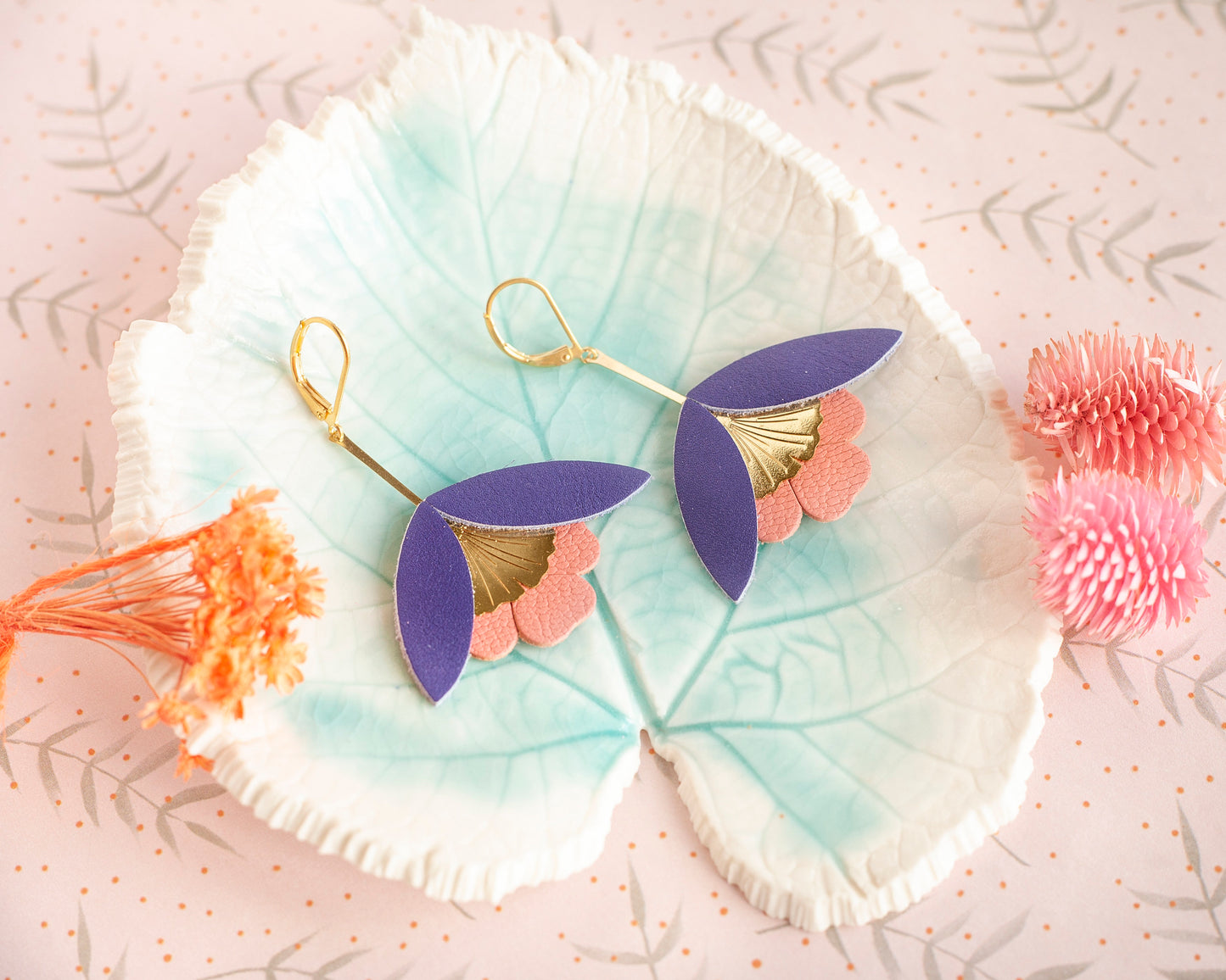 Ginkgo Flower earrings in purple and pink leather